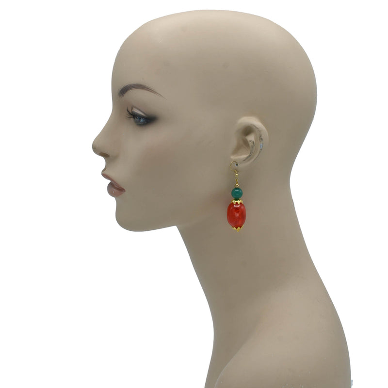 CORAL AND TURQUOISE GREEN RESIN BEADS EARRINGS