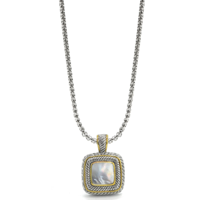 Two Tone Pave Square Crystal Engraved Pendant With Box Chain Necklace