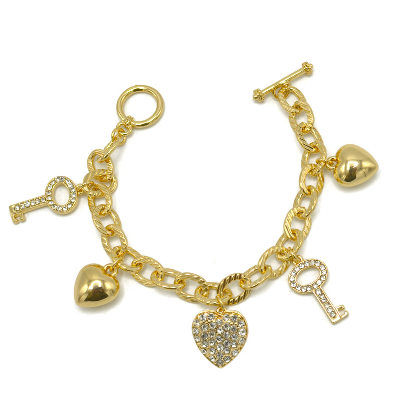 Gold Crystal Heart and Key charm Bracelet