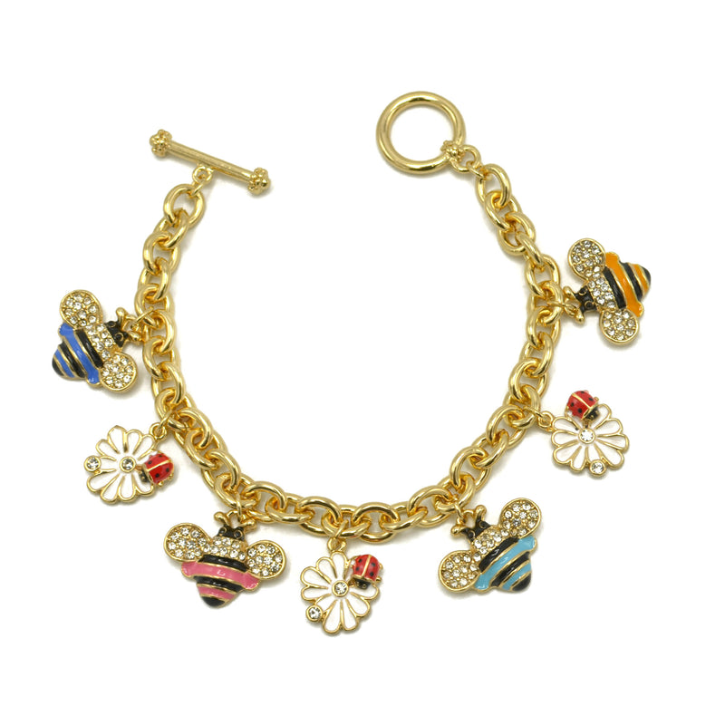 Gold Crystal multi color Bee and flower charm Bracelet
