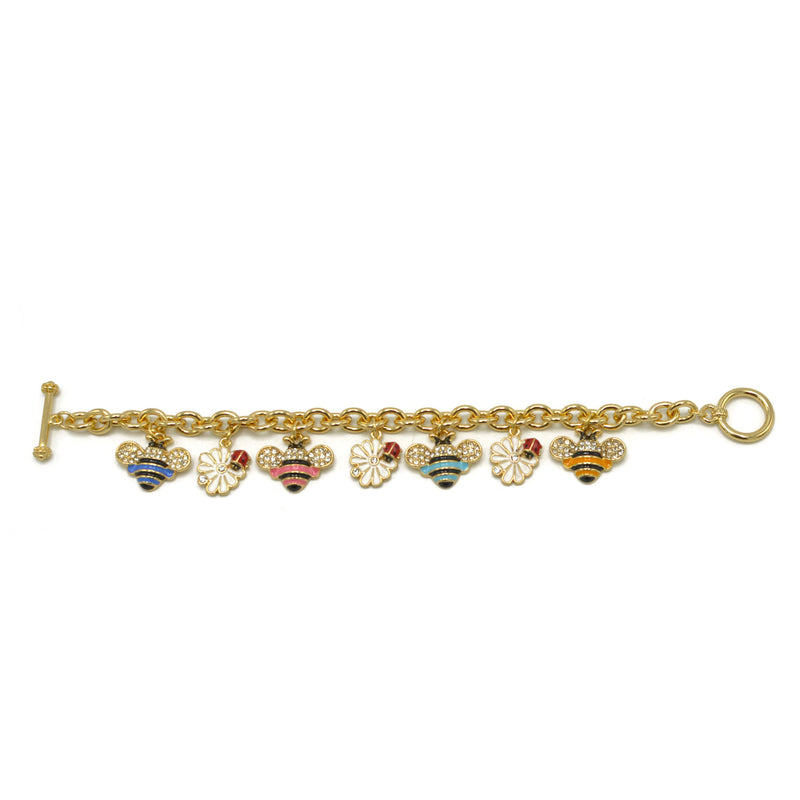 Gold Crystal multi color Bee and flower charm Bracelet