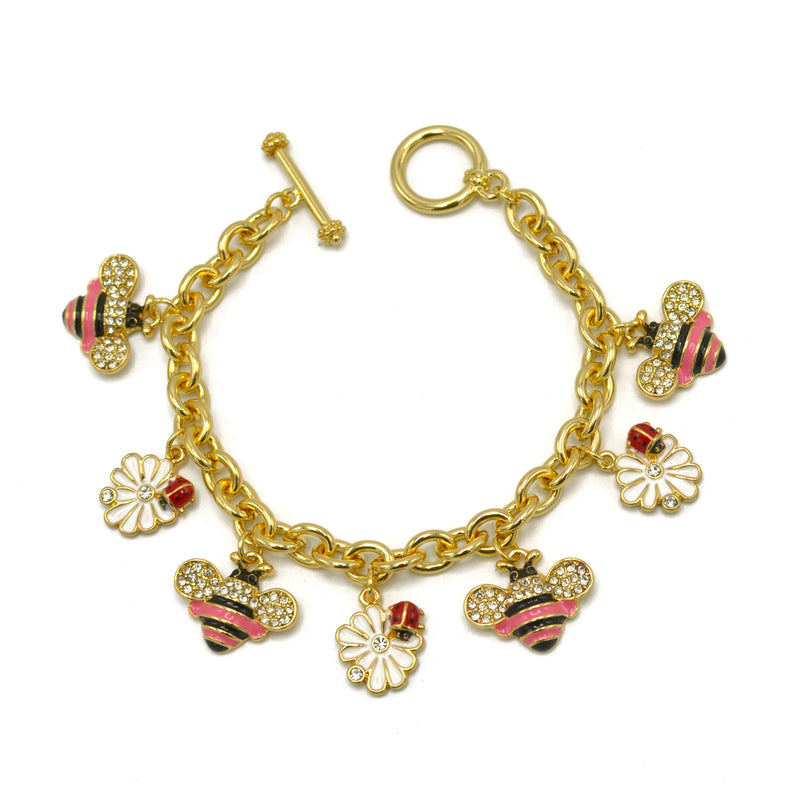 Gold Crystal Pink Bee and flower charm Bracelet