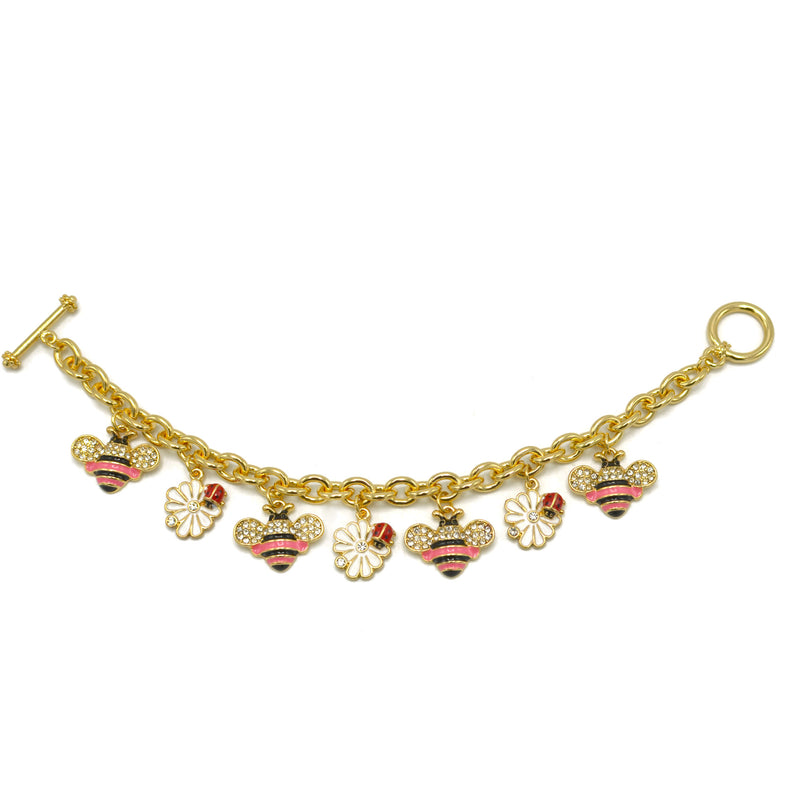 Gold Crystal Pink Bee and flower charm Bracelet