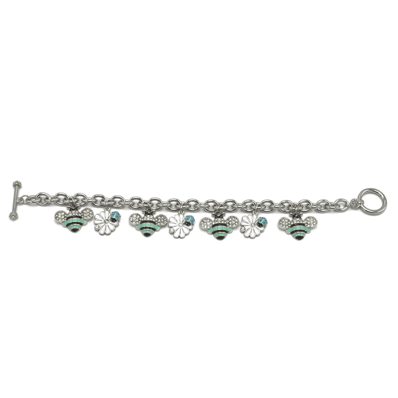 Rhodium Crystal Turquoise Bee and White flower charm Bracelet