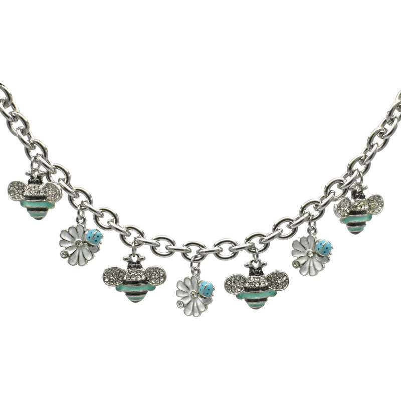 Rhodium Crystal Turquoise Bee and White flower charm Bracelet