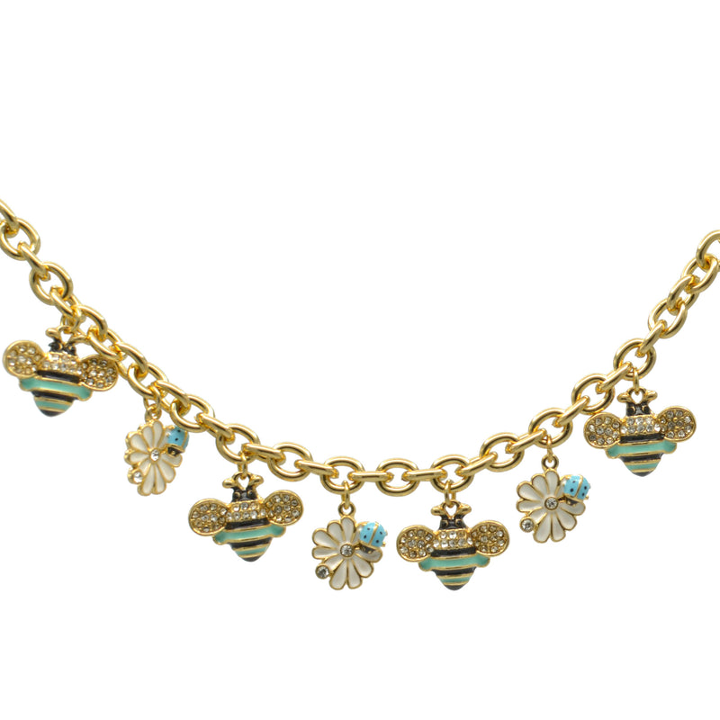 Gold Crystal Turquoise Bee and flower charm Bracelet