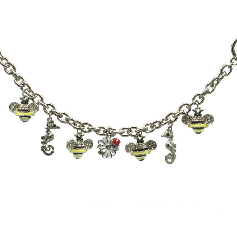 Rhodium Crystal Yellow Bee and White flower charm Bracelet