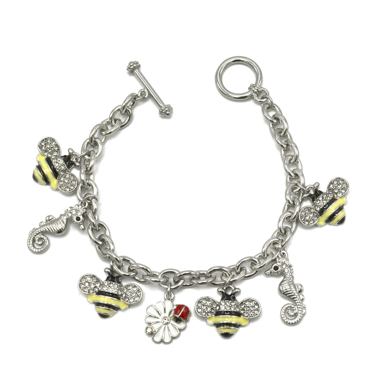 Rhodium Crystal Yellow Bee and White flower charm Bracelet