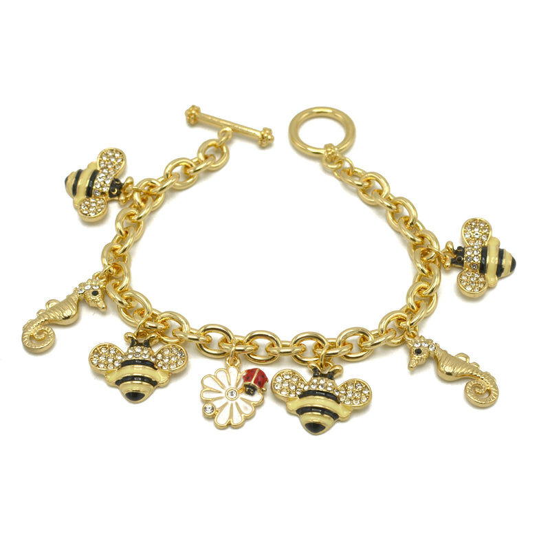 Gold Crystal Bee sea Horse and flower charm Bracelet
