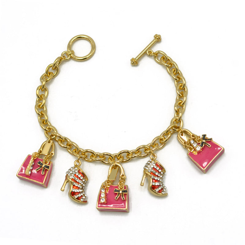 Gold Crystal Shoe and Pink Hand Bag Charm Bracelet