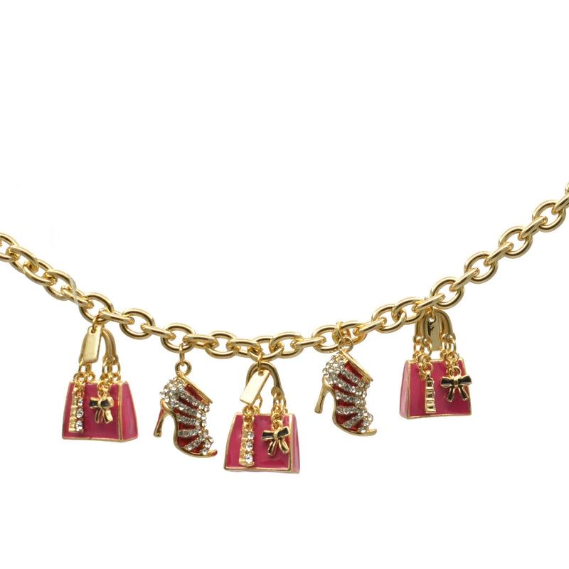 Gold Crystal Shoe and Pink Hand Bag Charm Bracelet