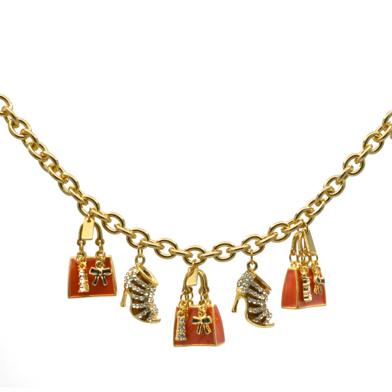 Gold Crystal Shoe and Orange Hand Bag Charm Bracelet