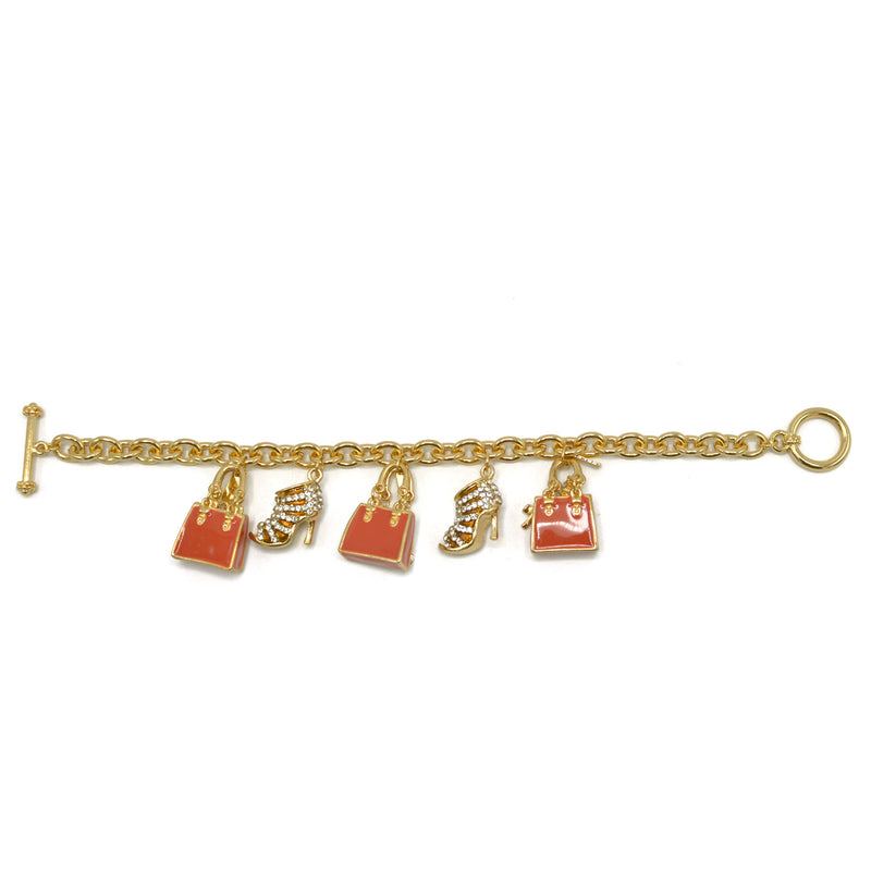 Gold Crystal Shoe and Orange Hand Bag Charm Bracelet