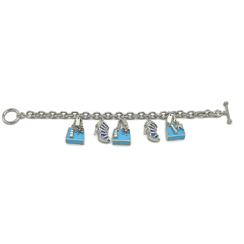 Rhodium Crystal Shoe and Blue Hand Bag Charm Bracelet
