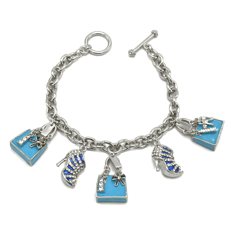 Rhodium Crystal Shoe and Blue Hand Bag Charm Bracelet