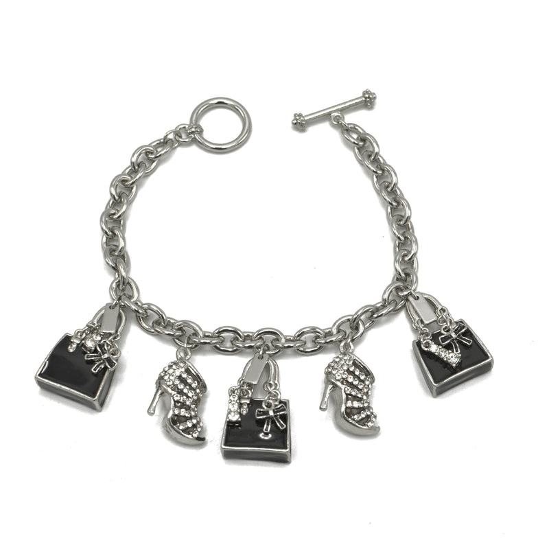 Rhodium Crystal Shoe and Hand Bag Charm Bracelet