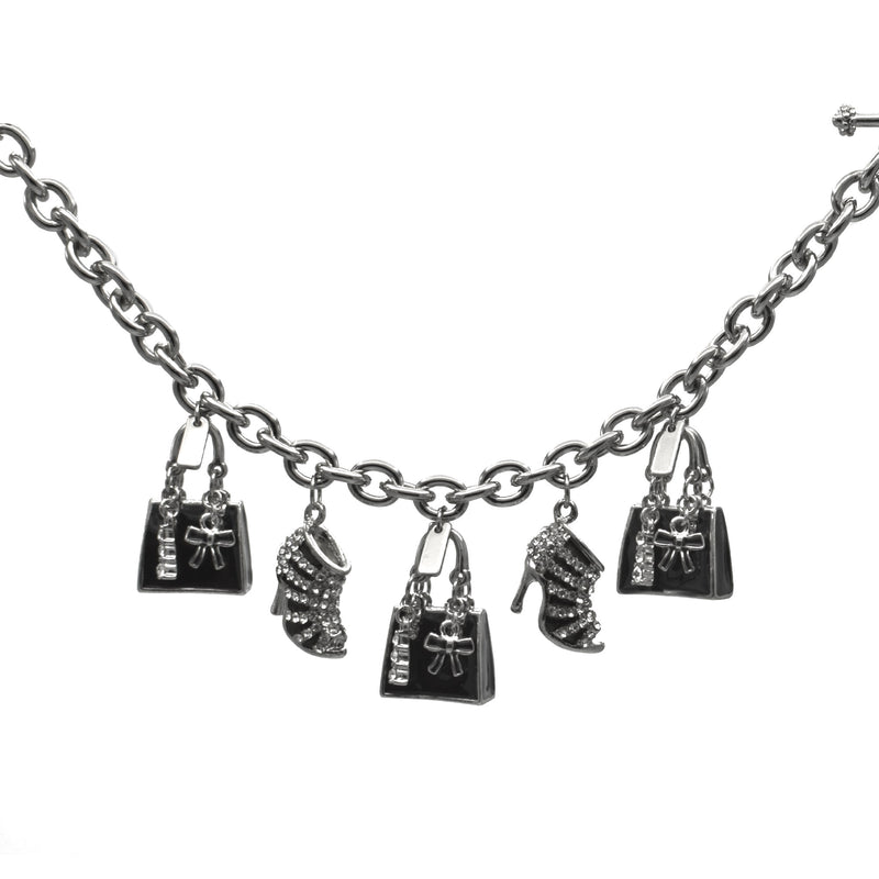 Rhodium Crystal Shoe and Hand Bag Charm Bracelet