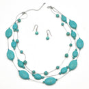 Rhodium Tone Metal Oval and Round Turquoise Beads Layer Necklace and Earrings Set