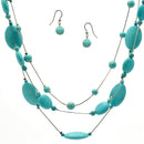 Rhodium Tone Metal Oval and Round Turquoise Beads Layer Necklace and Earrings Set
