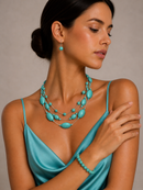 Rhodium Tone Metal Oval and Round Turquoise Beads Layer Necklace and Earrings Set