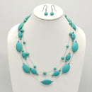 Rhodium Tone Metal Oval and Round Turquoise Beads Layer Necklace and Earrings Set