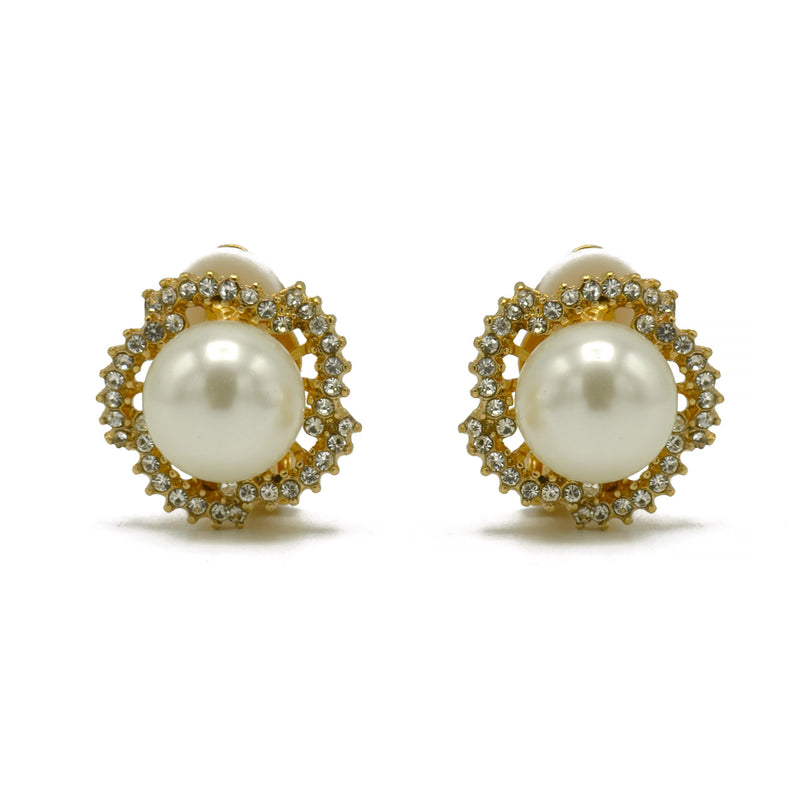 Gold and rhinestone crystal cream Pearl clip on earrings