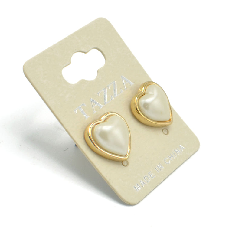 Gold Heart Cream Pearl Stud Earrings