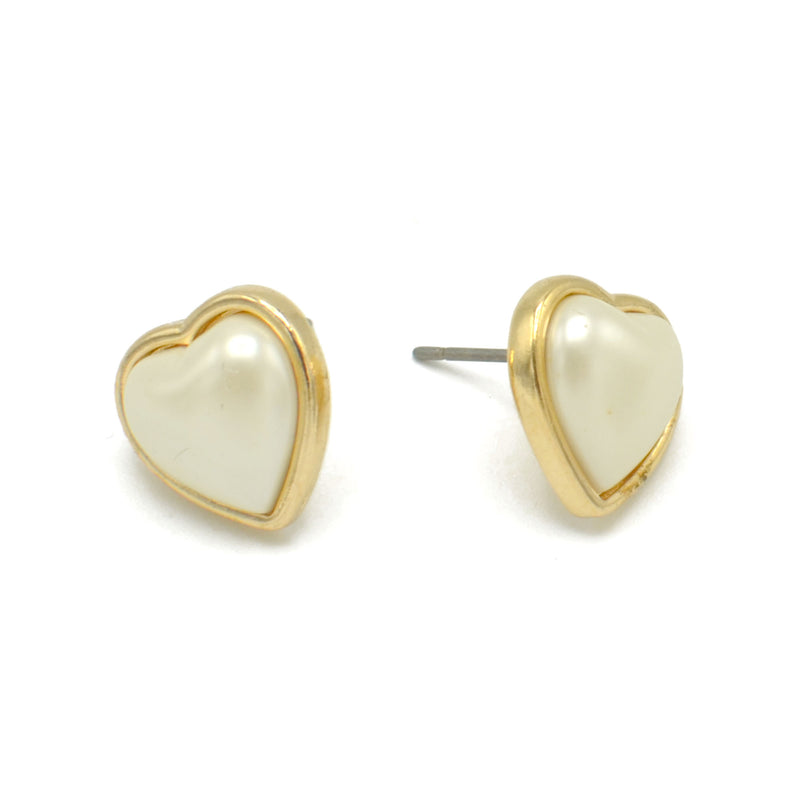 Gold Heart Cream Pearl Stud Earrings