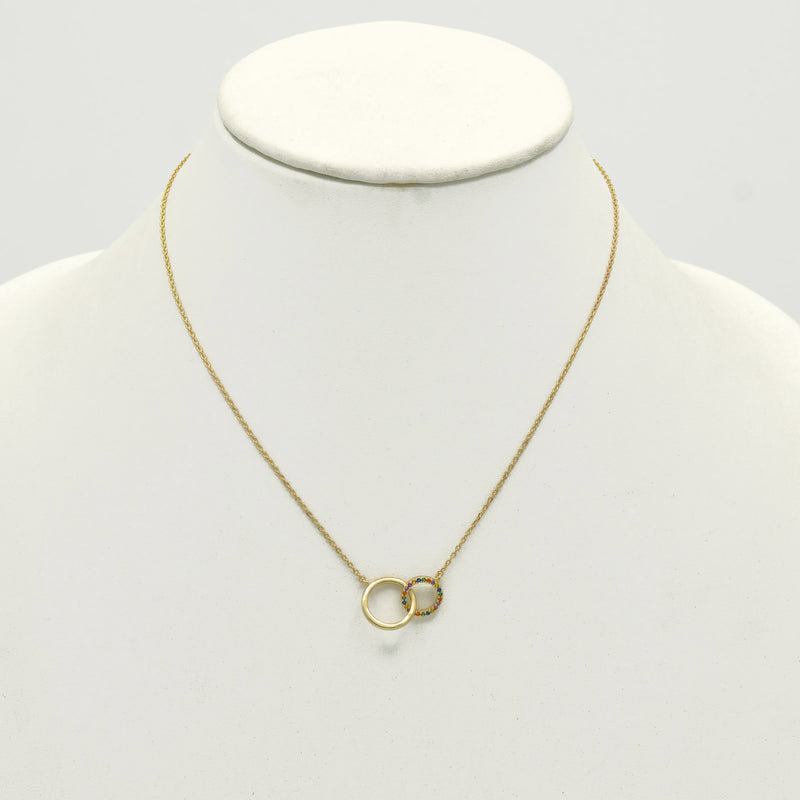 Gold Double circle crystal link necklace