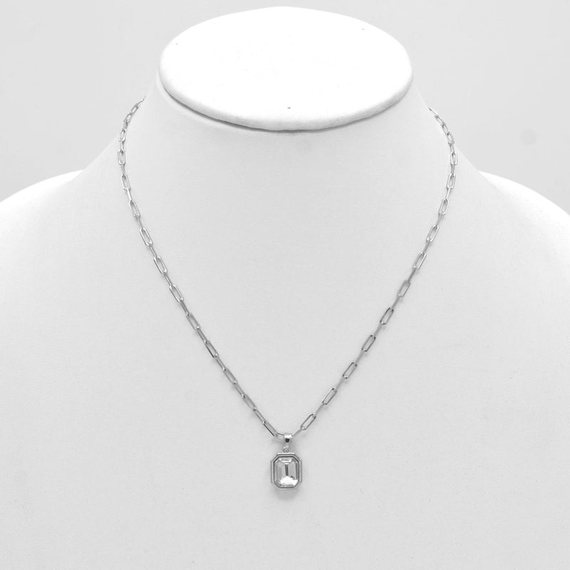 Rhodium clear crystal square pendant link chain necklace