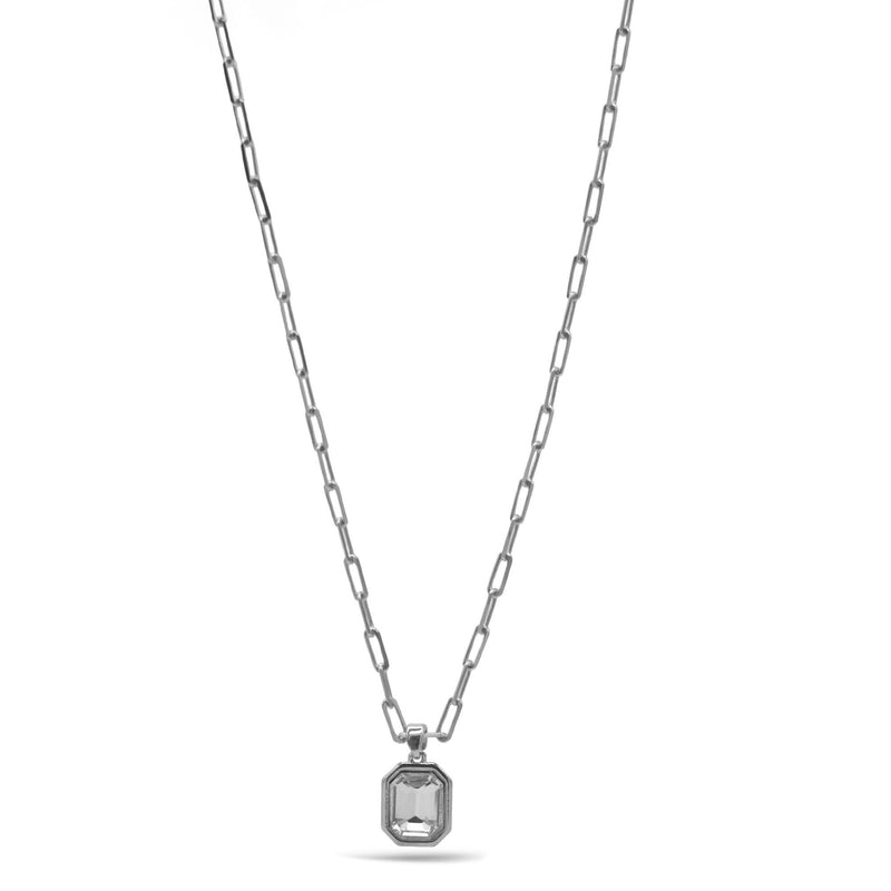 Rhodium clear crystal square pendant link chain necklace