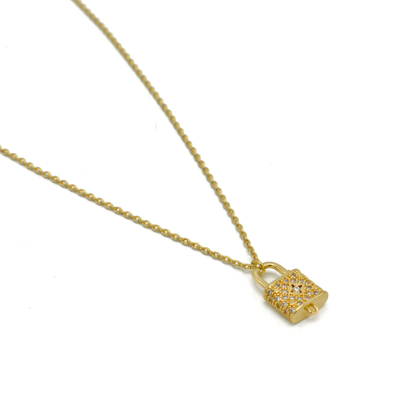 Gold Lock Crystal Charm Pendant Necklace