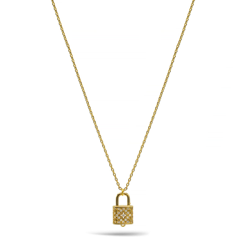 Gold Lock Crystal Charm Pendant Necklace