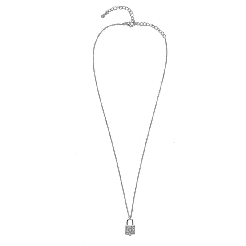 Rhodium Lock Crystal Charm Pendant Necklace