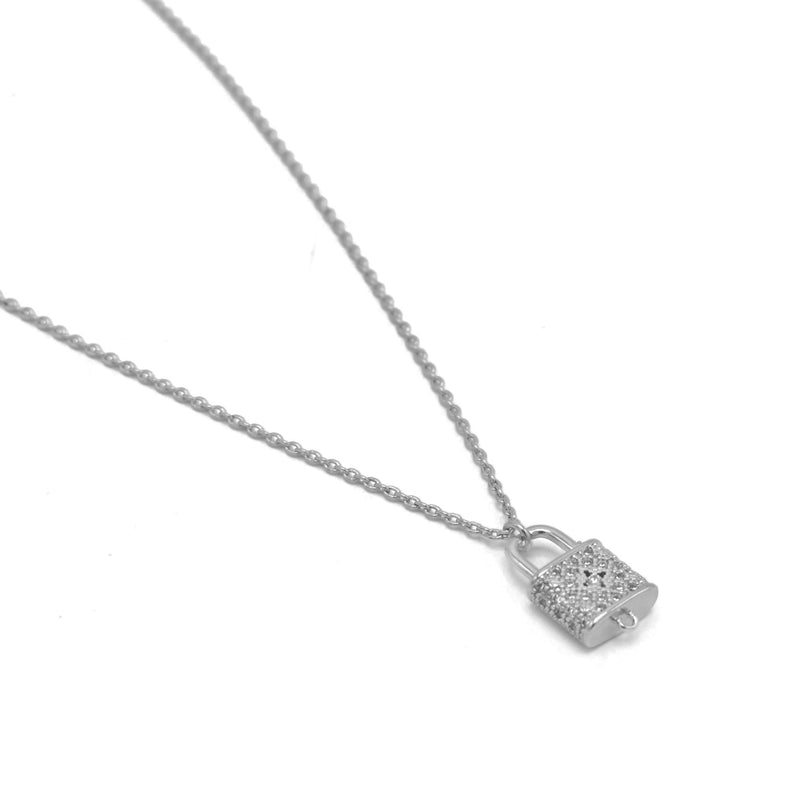 Rhodium Lock Crystal Charm Pendant Necklace