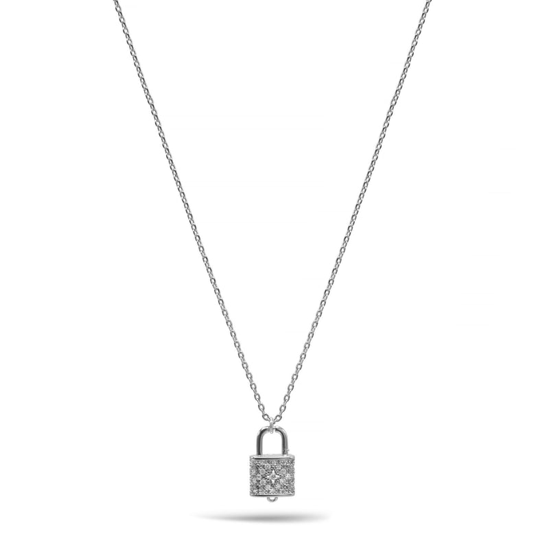 Rhodium Lock Crystal Charm Pendant Necklace