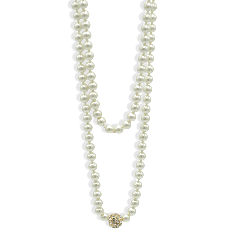 Half White Pearl & Gold Crystal Ball Long Necklace  50"– Elegant Layered Statement Jewelry