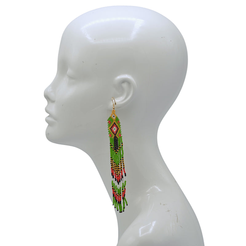 Green, Red,Gold,Black and White Bohemian Seed Bead Long Tassel Earrings