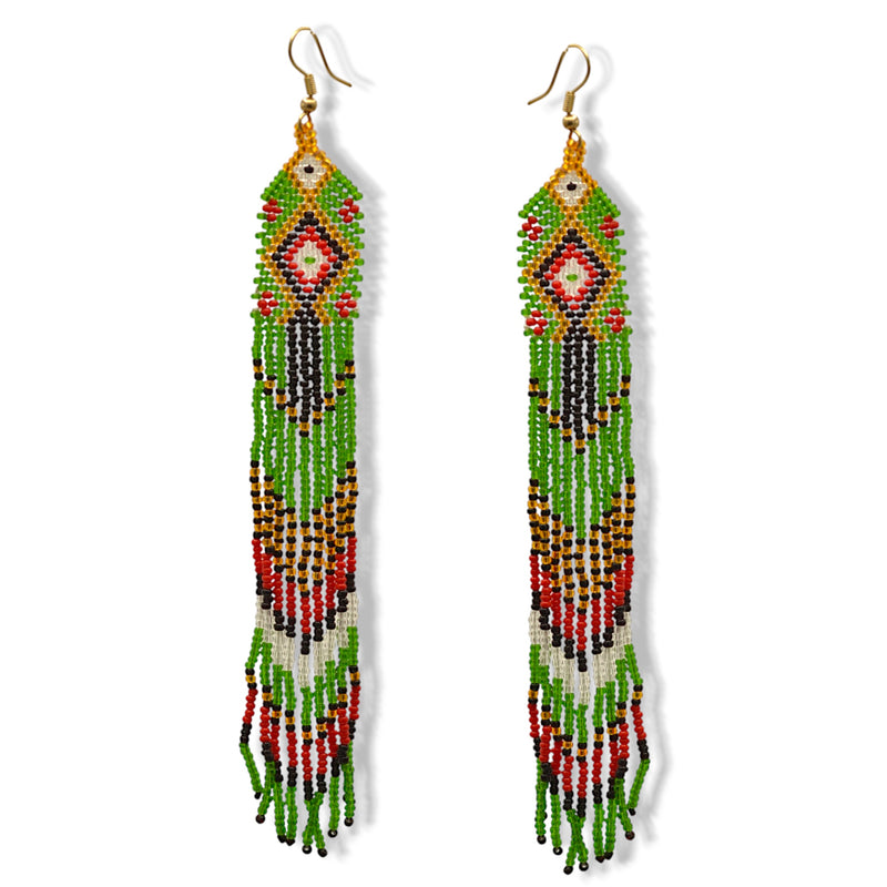 Green, Red,Gold,Black and White Bohemian Seed Bead Long Tassel Earrings