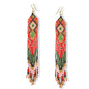 Red, Green,Gold,Black and Pink Bohemian Seed Bead Long Tassel Earrings