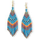 Bohemian Seed Bead Tassel Earring – Blue with Red, Yellow, White & Black Accents 4" long