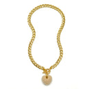 Cream Pearl Gold Heart Charm Pendant With cuban link Chain Necklace 20"