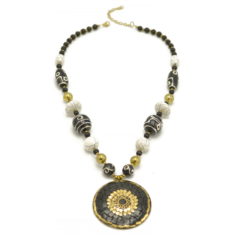 Black Gold and Ivory beads with Black and gold Round pendant necklace