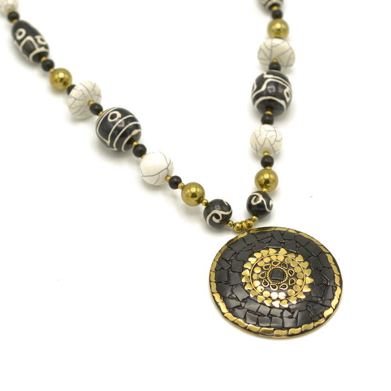 Black Gold and Ivory beads with Black and gold Round pendant necklace