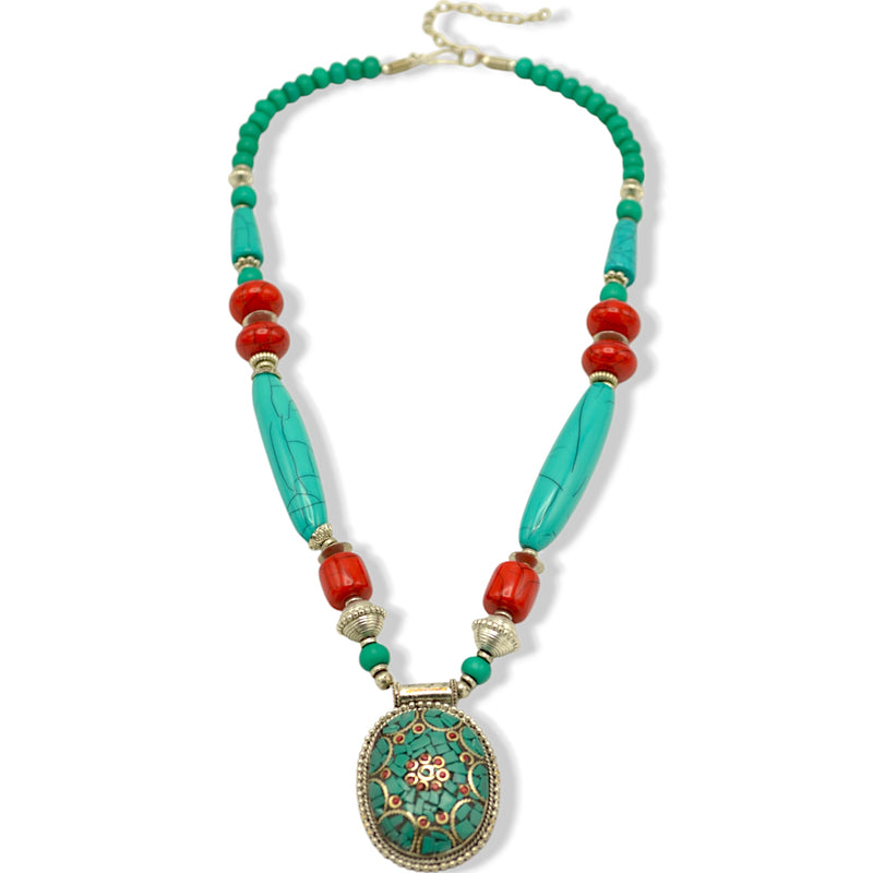 Turquoise Coral and Silver Beads with Turquoise Silver pendant Necklace