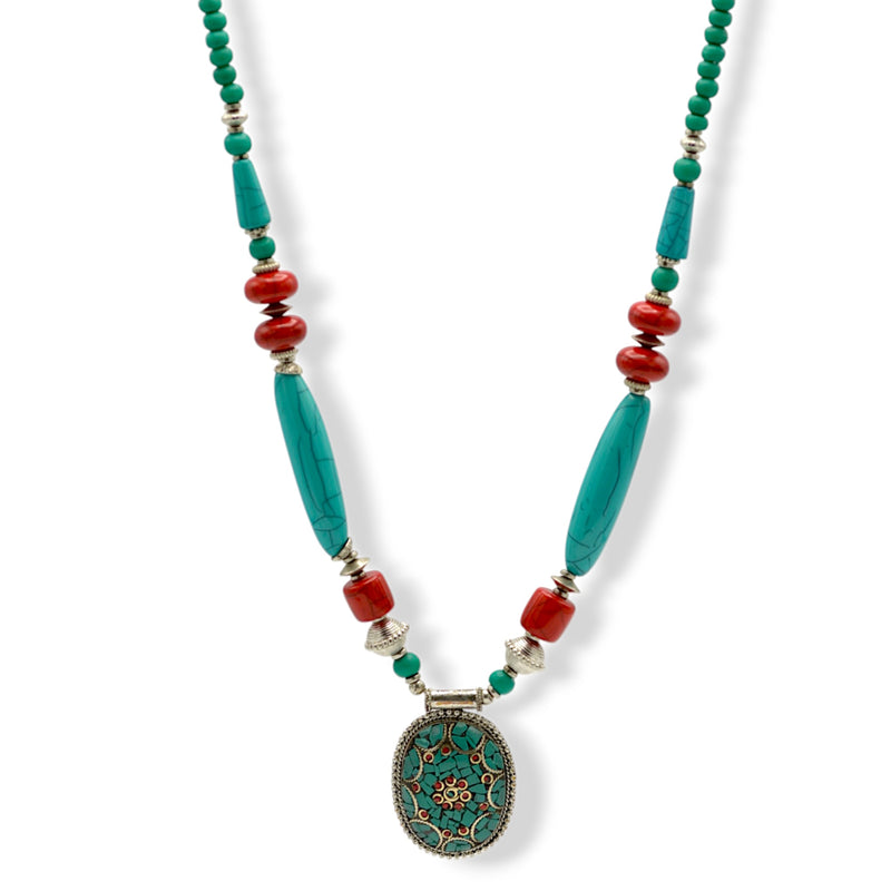 Turquoise Coral and Silver Beads with Turquoise Silver pendant Necklace