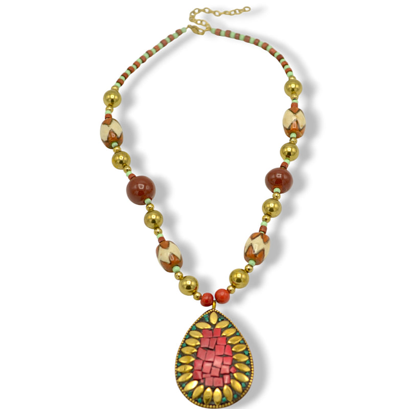 Brown Turquoise And Gold Beads Teardrop Coral And Gold Pendant Necklace