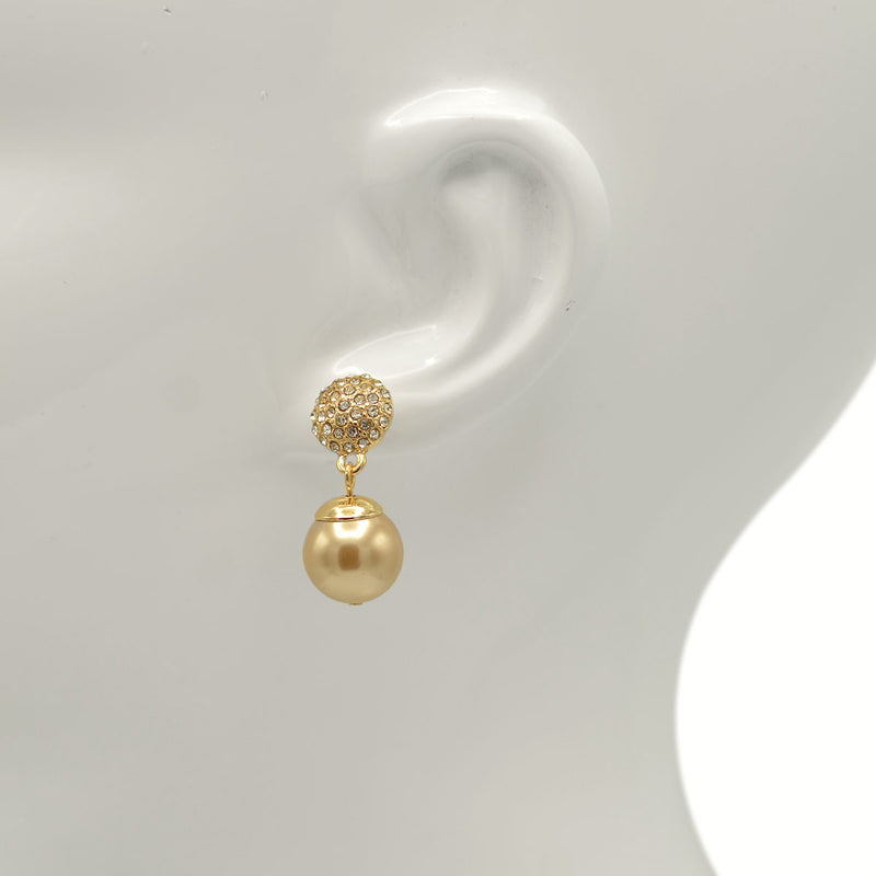 Gold Fire Ball Crystal And Champagine Pearl Drop Earrings