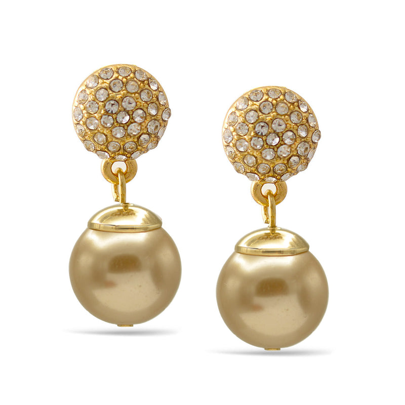 Gold Fire Ball Crystal And Champagine Pearl Drop Earrings