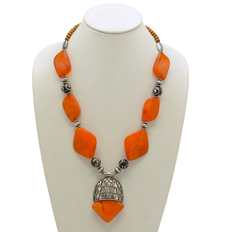 Orange Black and wood beads with Silver Pendant Necklace